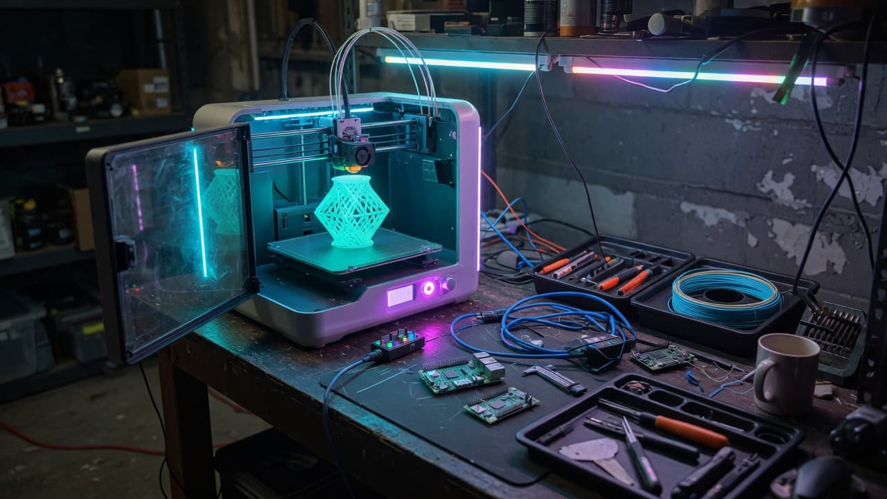 Home maker lab — 3D printer glowing cyan filament on a dark workbench with Raspberry Pi boards
