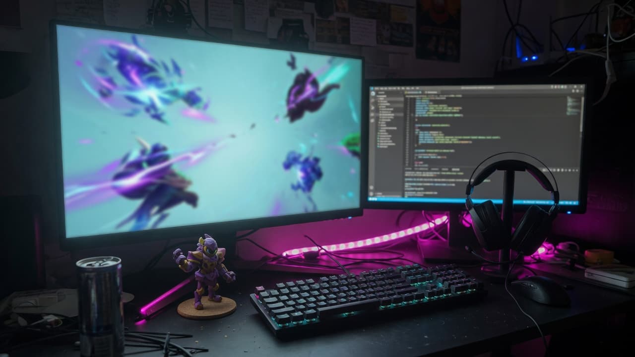 Night streaming desk — dual monitors, keyboard, cyan and magenta accent light